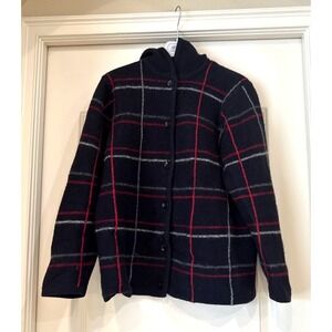 Vintage Cherokee Sz XL Black Plaid Wool Hooded Button‎ Up Cardigan Japan Outdoor